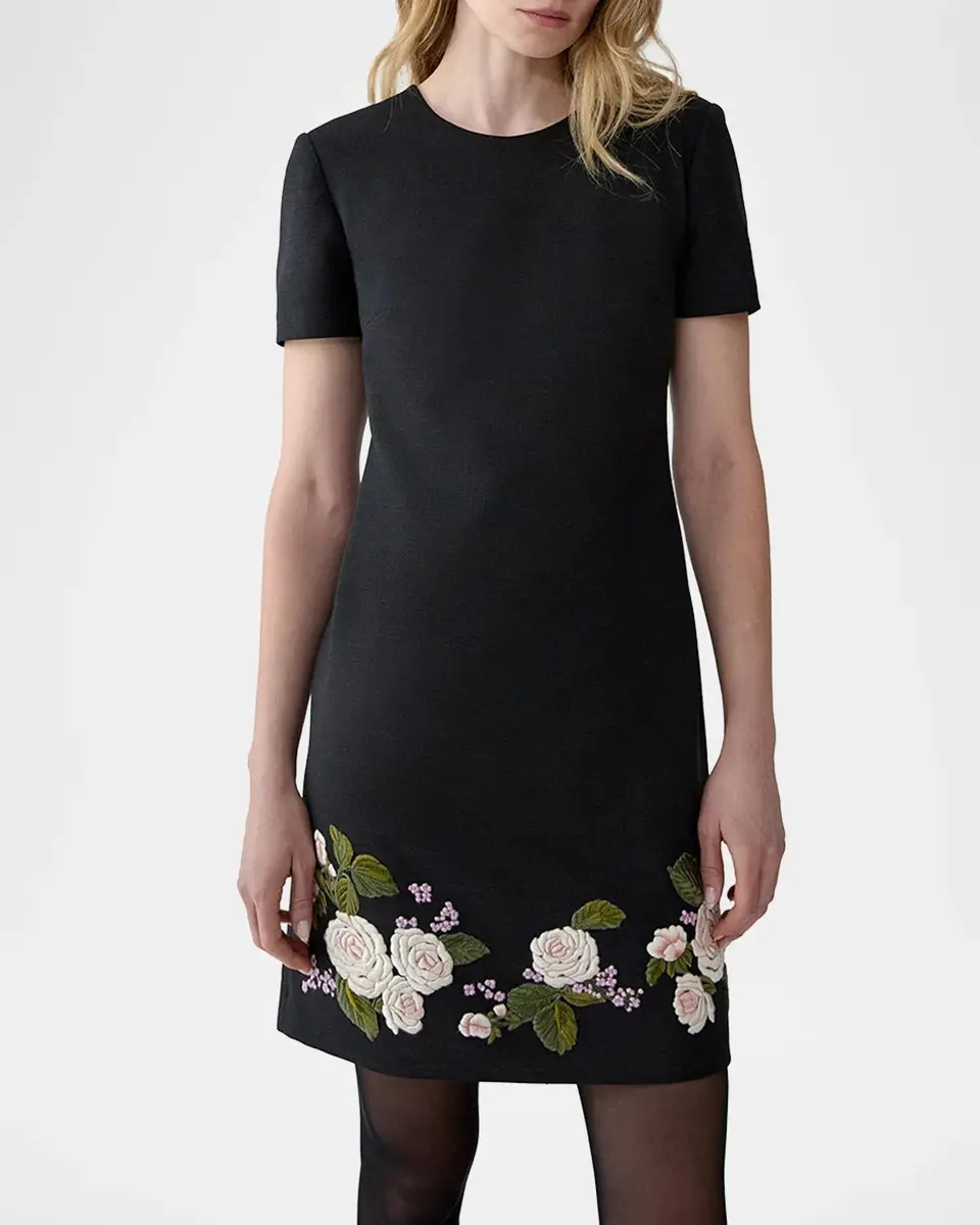 Carolina Herrera Floral Embroidered Wool Short-Sleeve Mini Dress | Thumbnail 4 Carolina Herrera Floral Embroidered Wool Short-Sleeve Mini Dress | Thumbnail 4