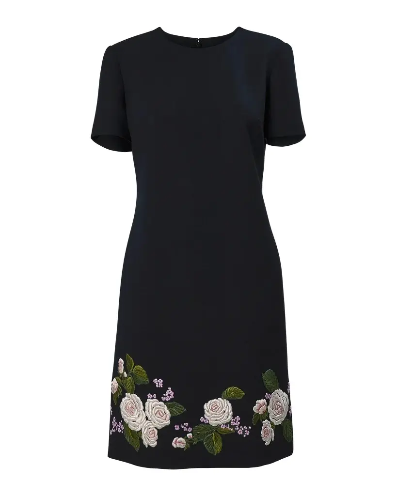 Floral Embroidered Wool Short-Sleeve Mini Dress Floral Embroidered Wool Short-Sleeve Mini Dress