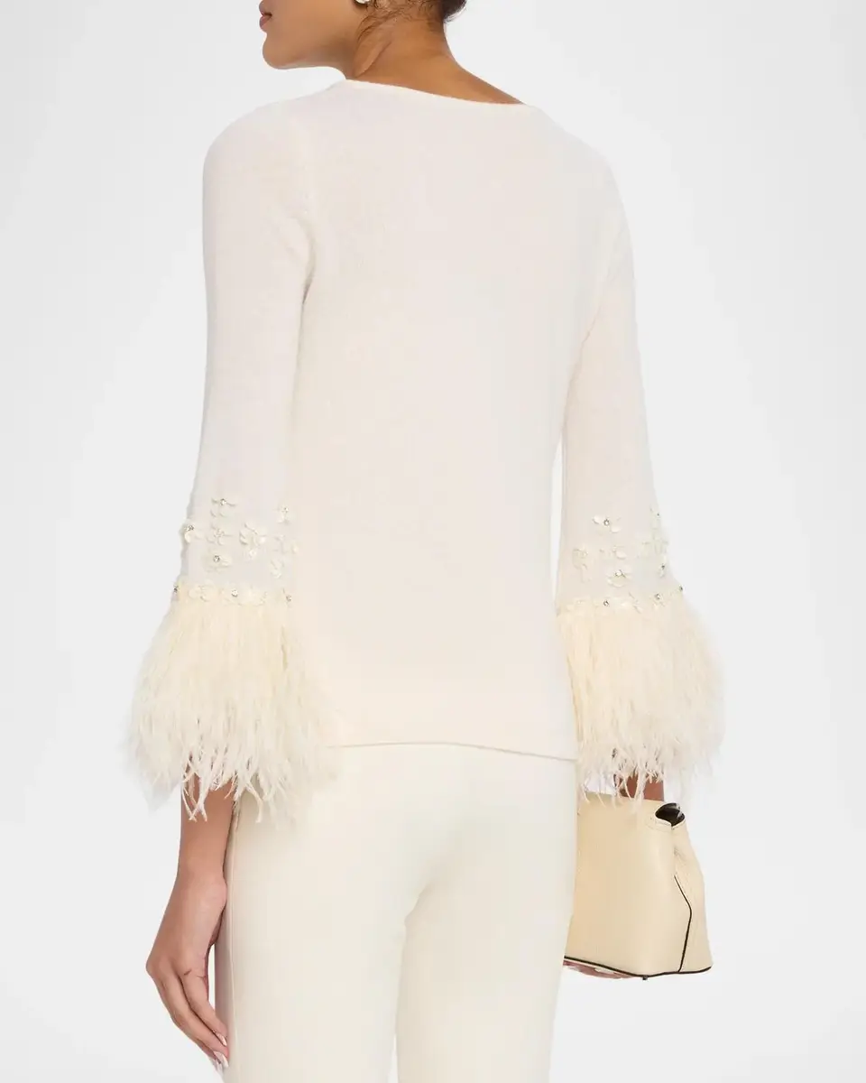 Neiman Marcus Cashmere Collection Cashmere Feather-Cuff Sweater | Thumbnail 3 Neiman Marcus Cashmere Collection Cashmere Feather-Cuff Sweater | Thumbnail 3