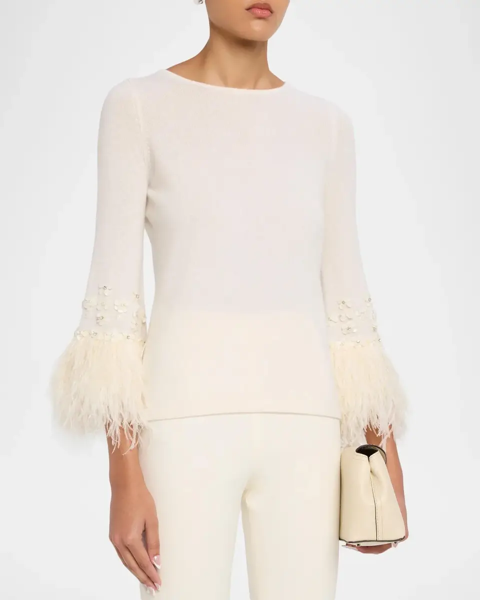 Neiman Marcus Cashmere Collection Cashmere Feather-Cuff Sweater | Thumbnail 4 Neiman Marcus Cashmere Collection Cashmere Feather-Cuff Sweater | Thumbnail 4
