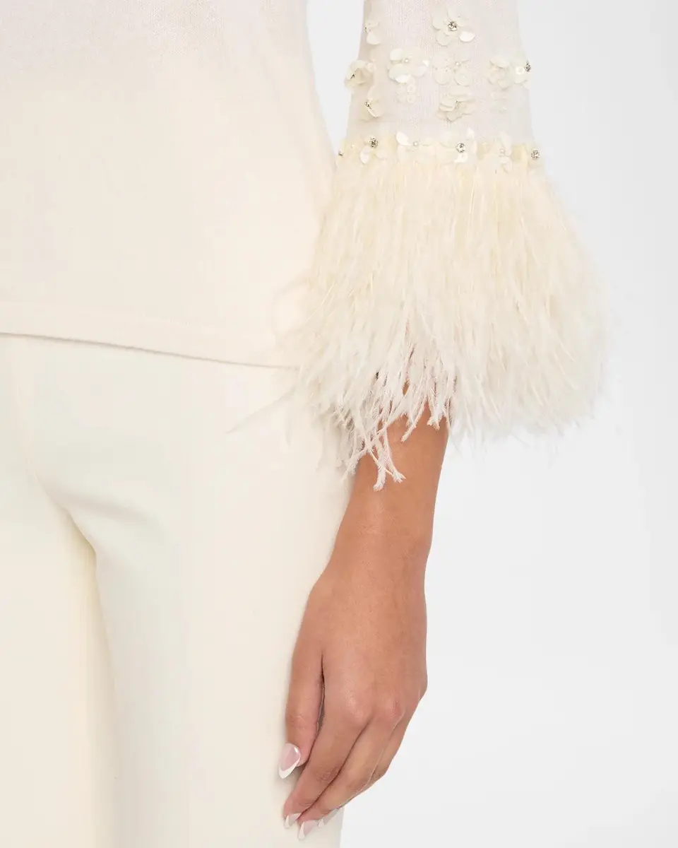 Neiman Marcus Cashmere Collection Cashmere Feather-Cuff Sweater | Thumbnail 5 Neiman Marcus Cashmere Collection Cashmere Feather-Cuff Sweater | Thumbnail 5
