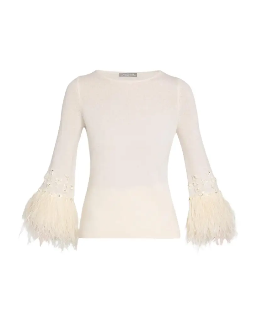 Neiman Marcus Cashmere Collection Cashmere Feather-Cuff Sweater