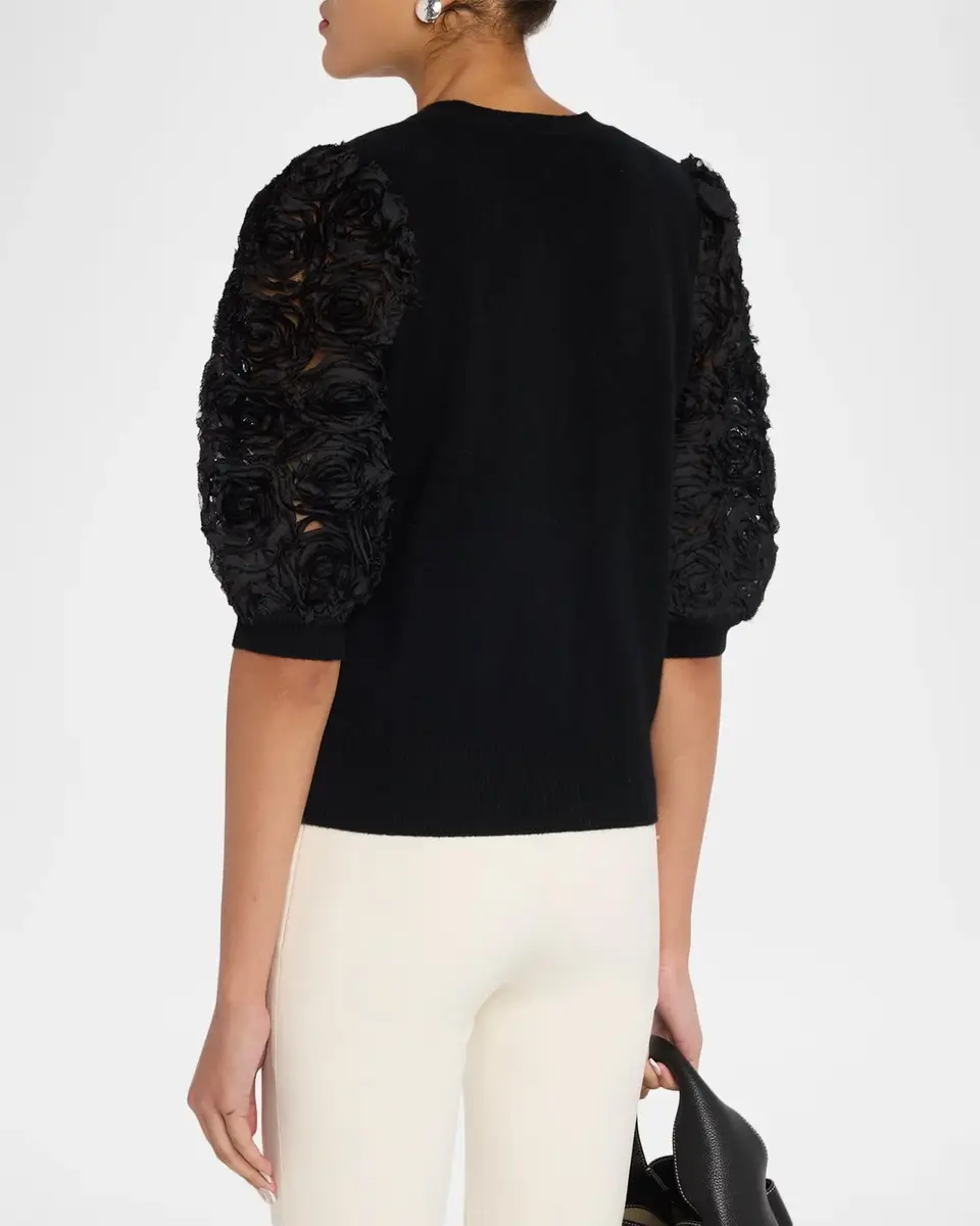 Neiman Marcus Cashmere Collection Cashmere Embroidered Mesh-Sleeve Sweater | Thumbnail 3 Neiman Marcus Cashmere Collection Cashmere Embroidered Mesh-Sleeve Sweater | Thumbnail 3
