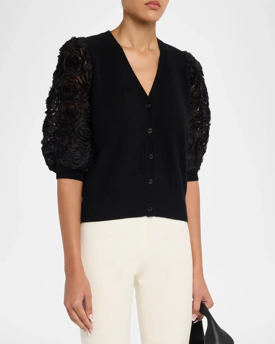 Neiman Marcus Cashmere Collection Cashmere Embroidered Mesh-Sleeve Sweater | Thumbnail 4 Neiman Marcus Cashmere Collection Cashmere Embroidered Mesh-Sleeve Sweater | Thumbnail 4