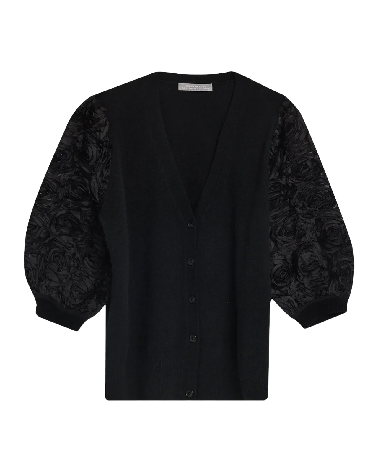 Neiman Marcus Cashmere Collection Cashmere Embroidered Mesh-Sleeve Sweater