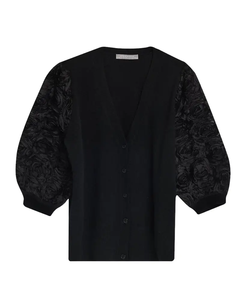 Neiman Marcus Cashmere Collection Cashmere Embroidered Mesh-Sleeve Sweater