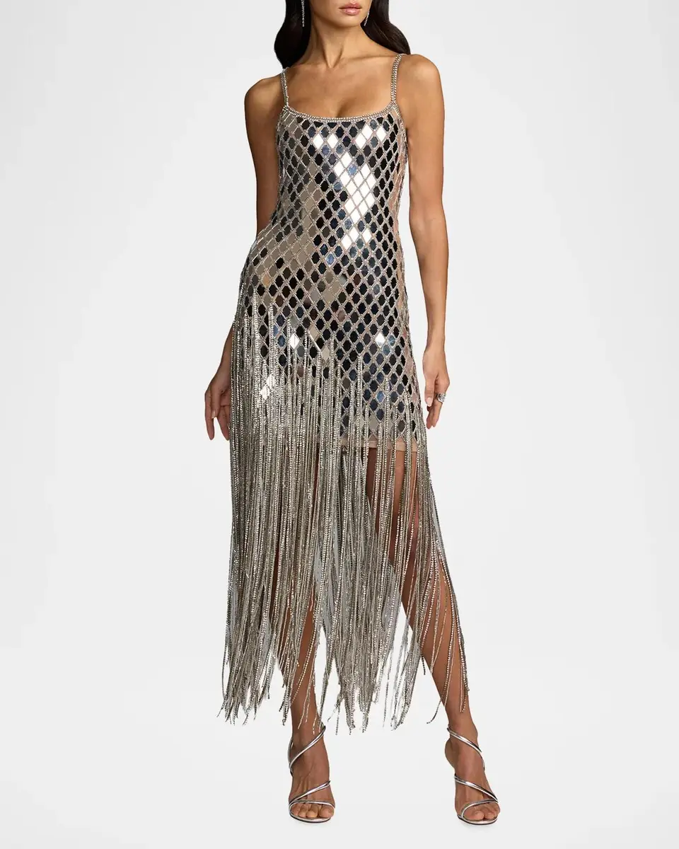Mac Duggal Geometric Mirror Beaded Fringe Midi Dress | Thumbnail 2 Mac Duggal Geometric Mirror Beaded Fringe Midi Dress | Thumbnail 2