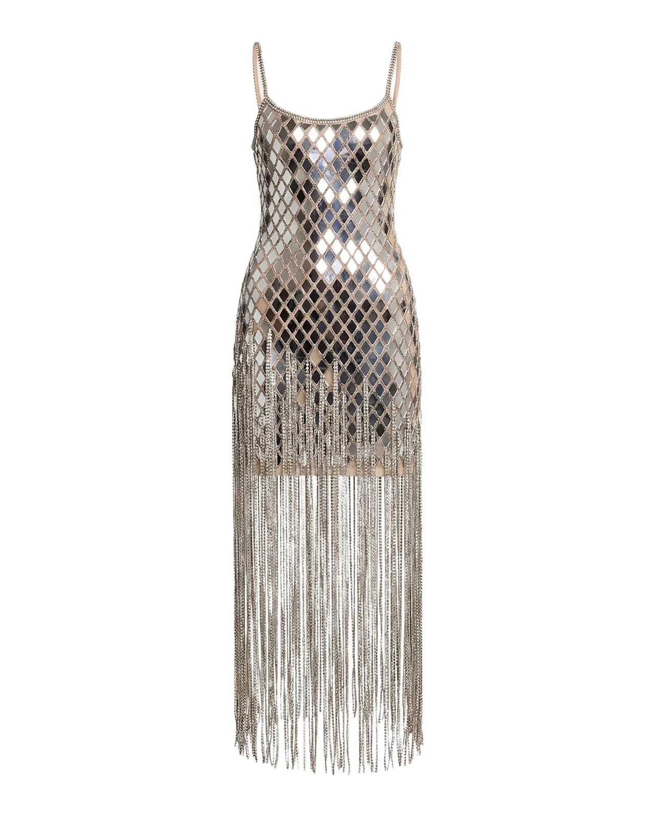 Mac Duggal Geometric Mirror Beaded Fringe Midi Dress