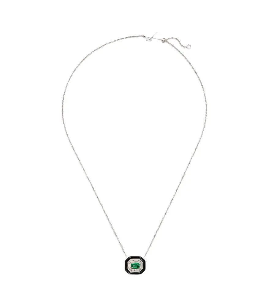 Oui 18kt white gold and enamel pendant necklace with emerald and diamonds Oui 18kt white gold and enamel pendant necklace with emerald and diamonds
