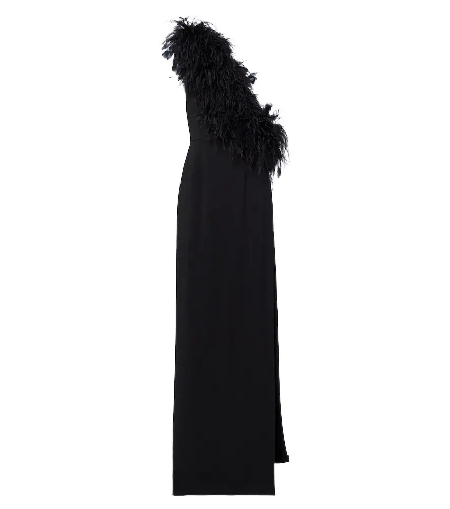 Feather-trimmed one-shoulder gown Feather-trimmed one-shoulder gown