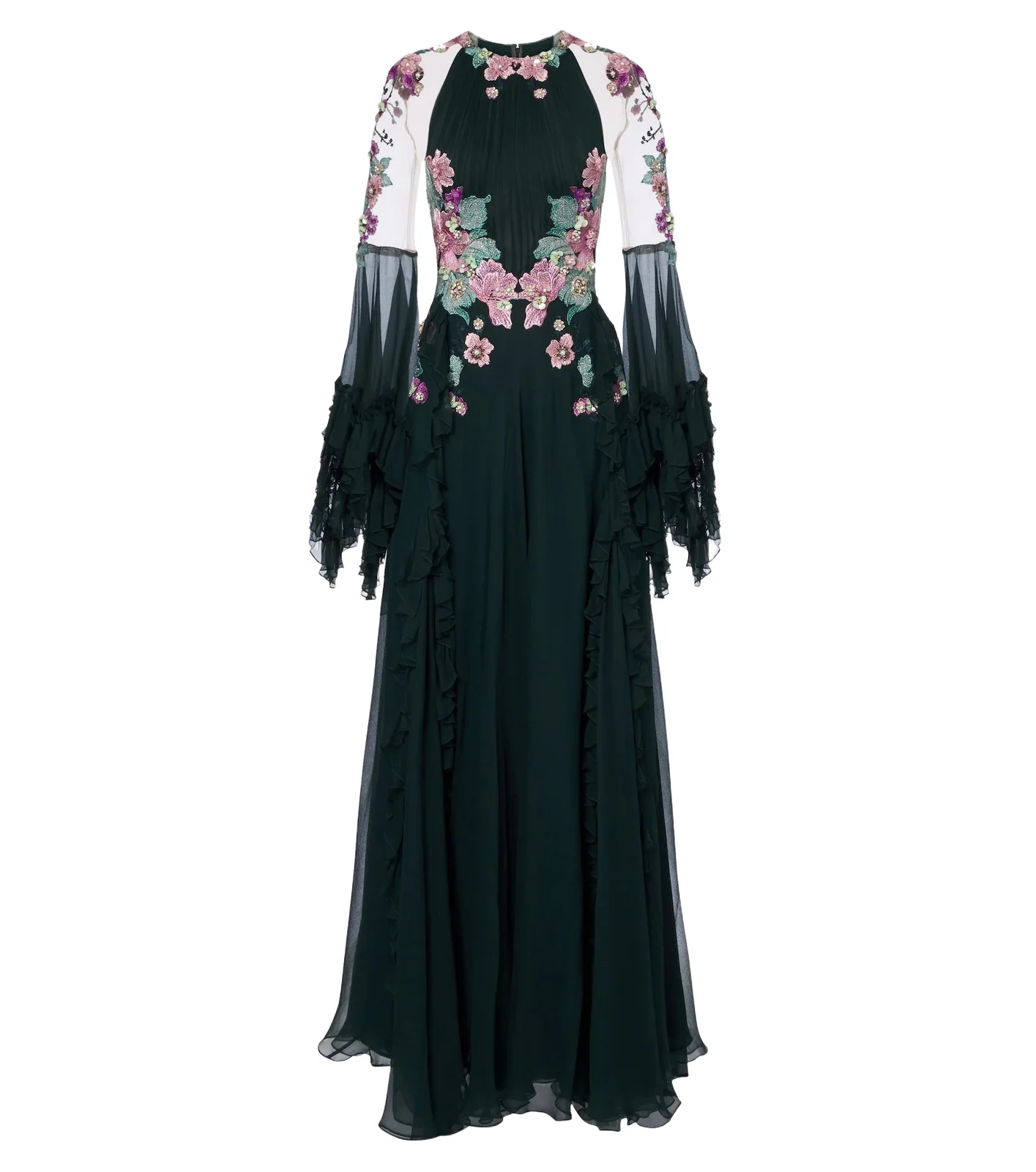 Embellished floral-appliqué silk gown