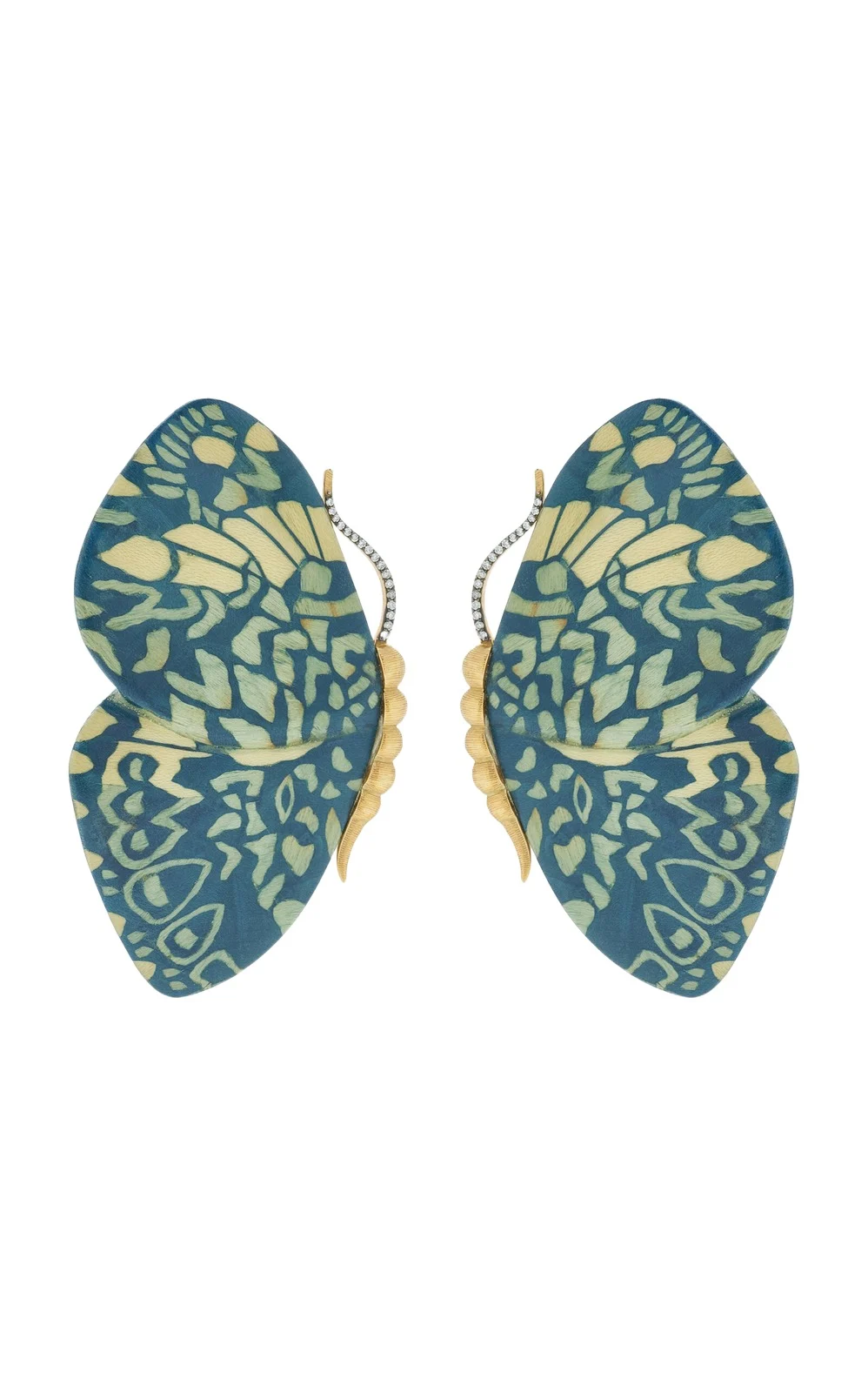 Marquetry Wood 18K Yellow Gold Diamond; Sapphire Earrings Marquetry Wood 18K Yellow Gold Diamond; Sapphire Earrings