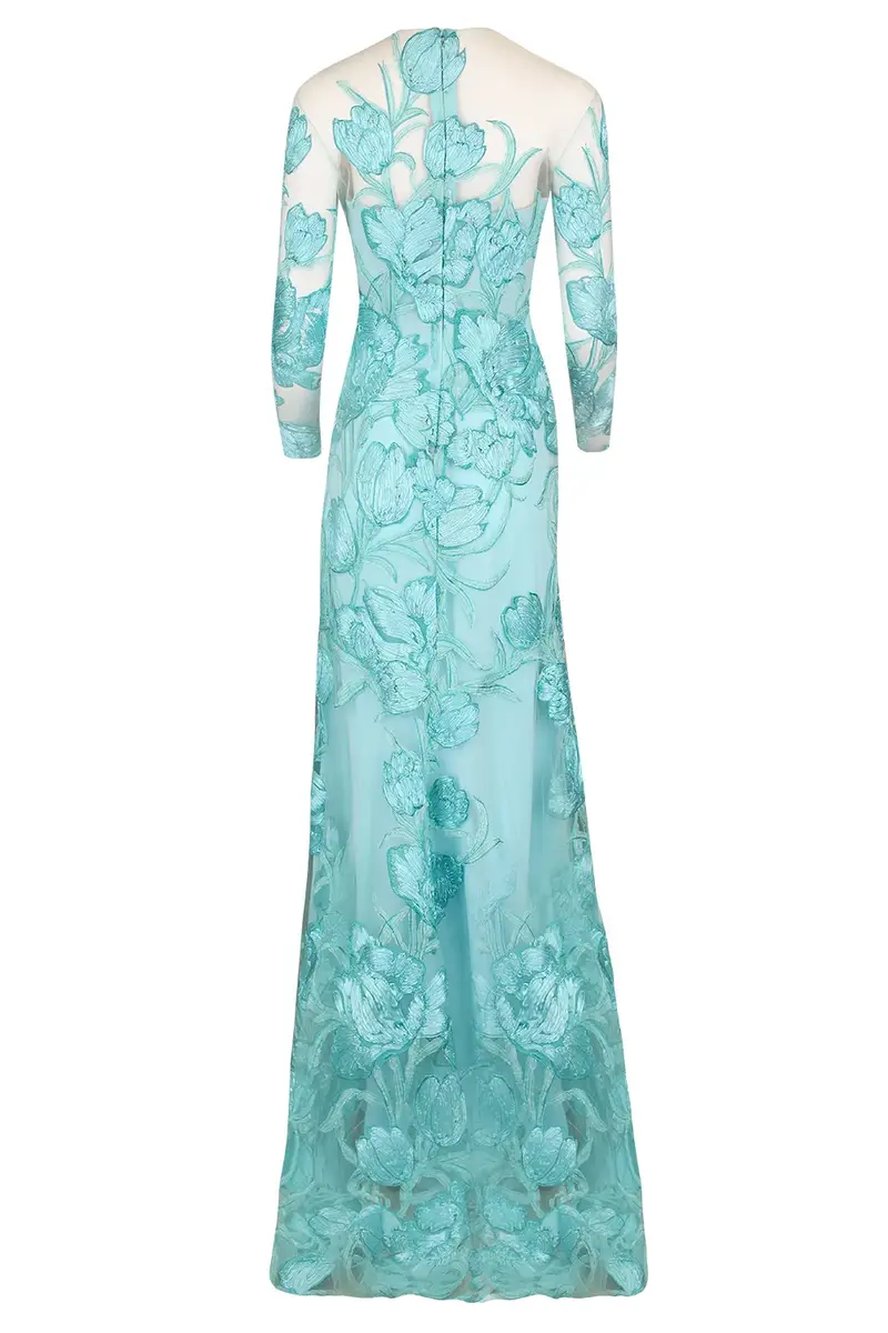 MONIQUE LHUILLIER Long Sleeve IllusionTrumpet Gown | Thumbnail 2