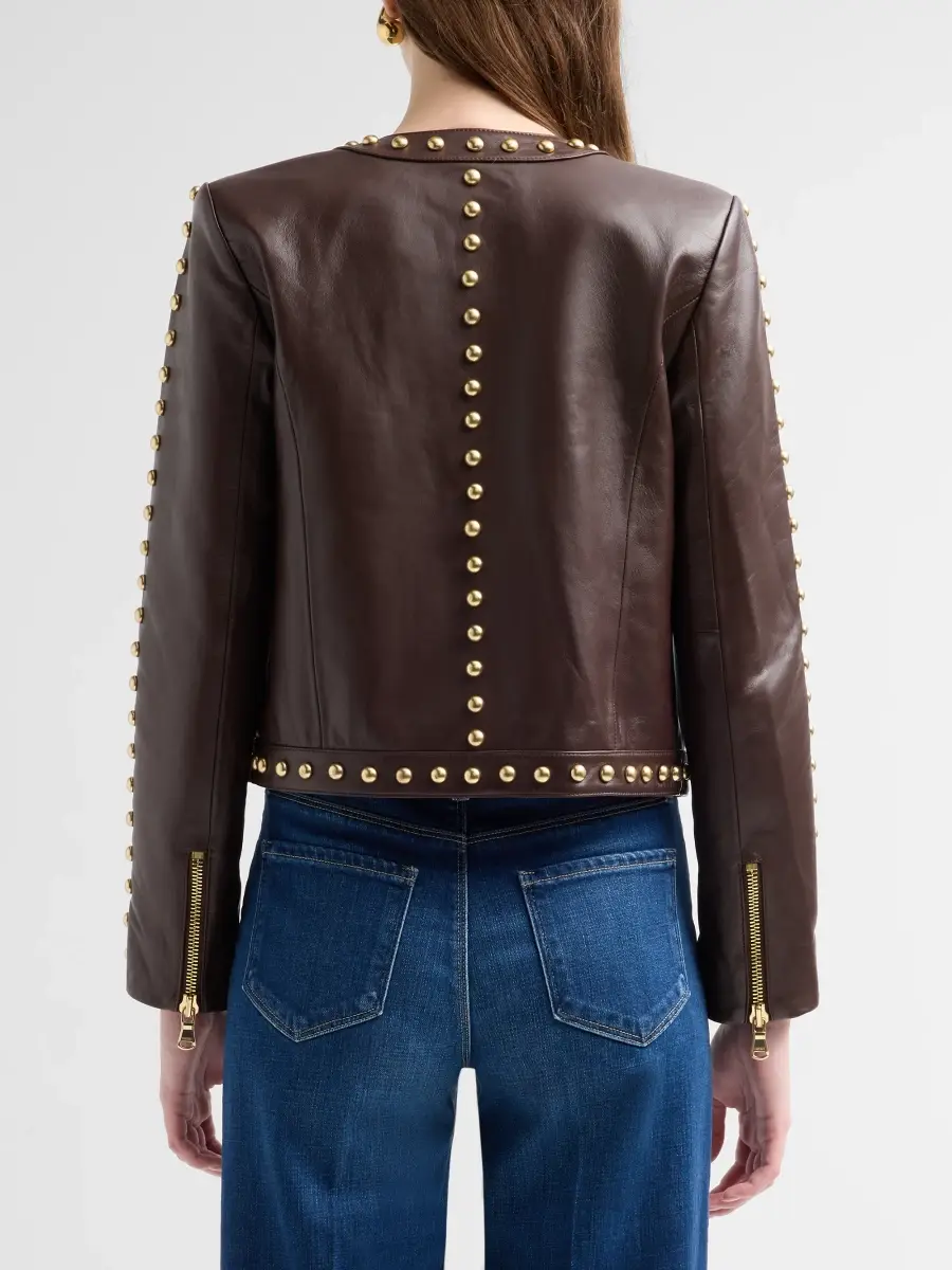 L'Agence Women's Fia Studded Collarless Leather Jacket | Thumbnail 3