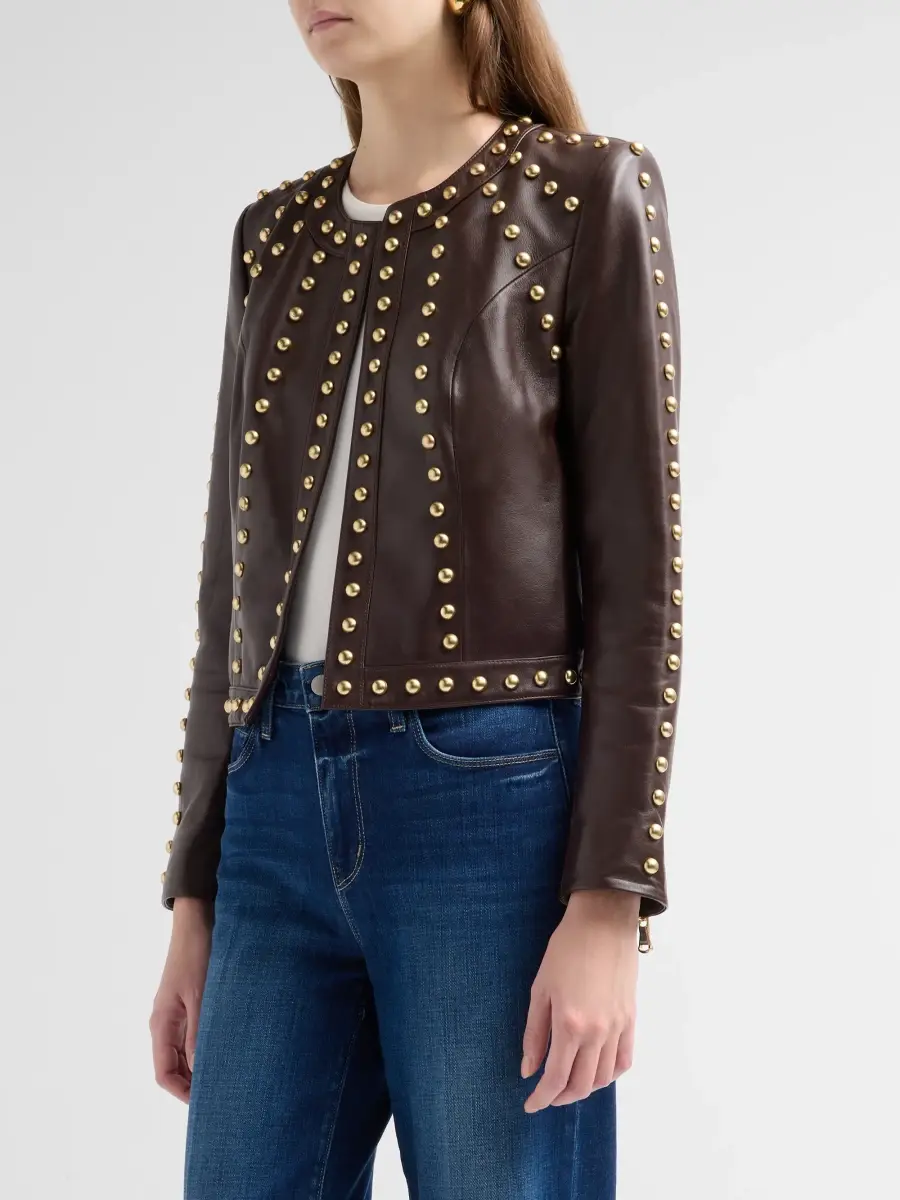 L'Agence Women's Fia Studded Collarless Leather Jacket | Thumbnail 4