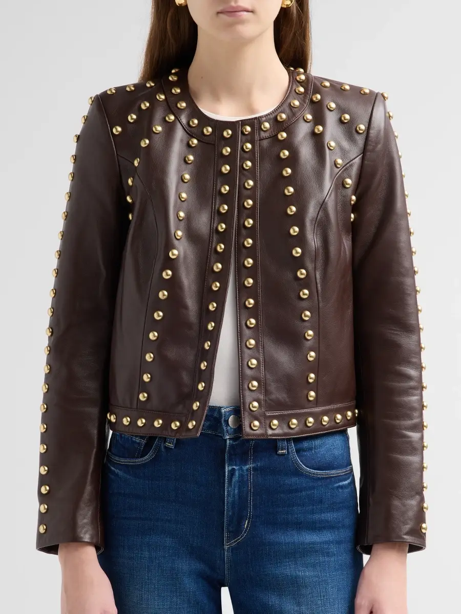 L'Agence Women's Fia Studded Collarless Leather Jacket | Thumbnail 5