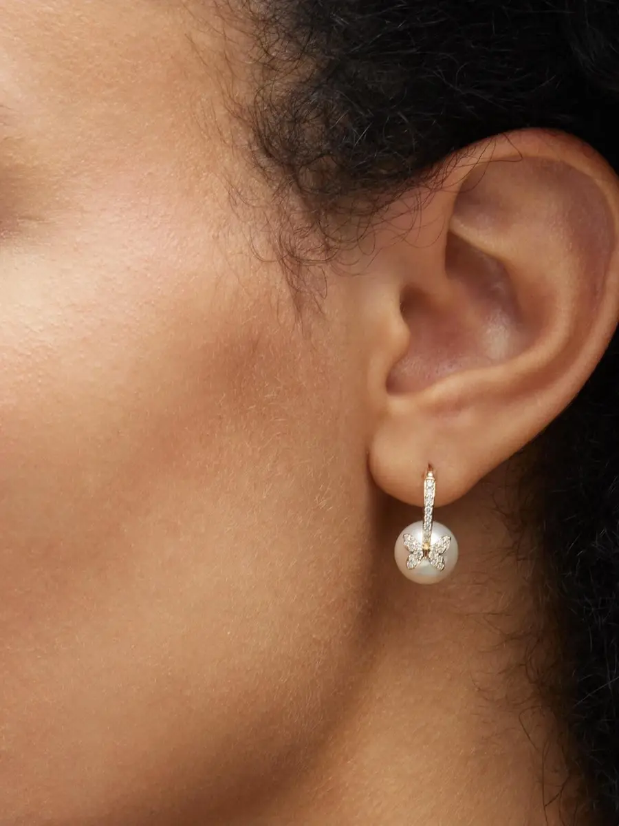 Sydney Evan Women's 14K Yellow Gold, Cultured Freshwater Pearl & 0.27 TCW Diamond Butterfly Hoop Earrings | Thumbnail 2 Sydney Evan Women's 14K Yellow Gold, Cultured Freshwater Pearl & 0.27 TCW Diamond Butterfly Hoop Earrings | Thumbnail 2
