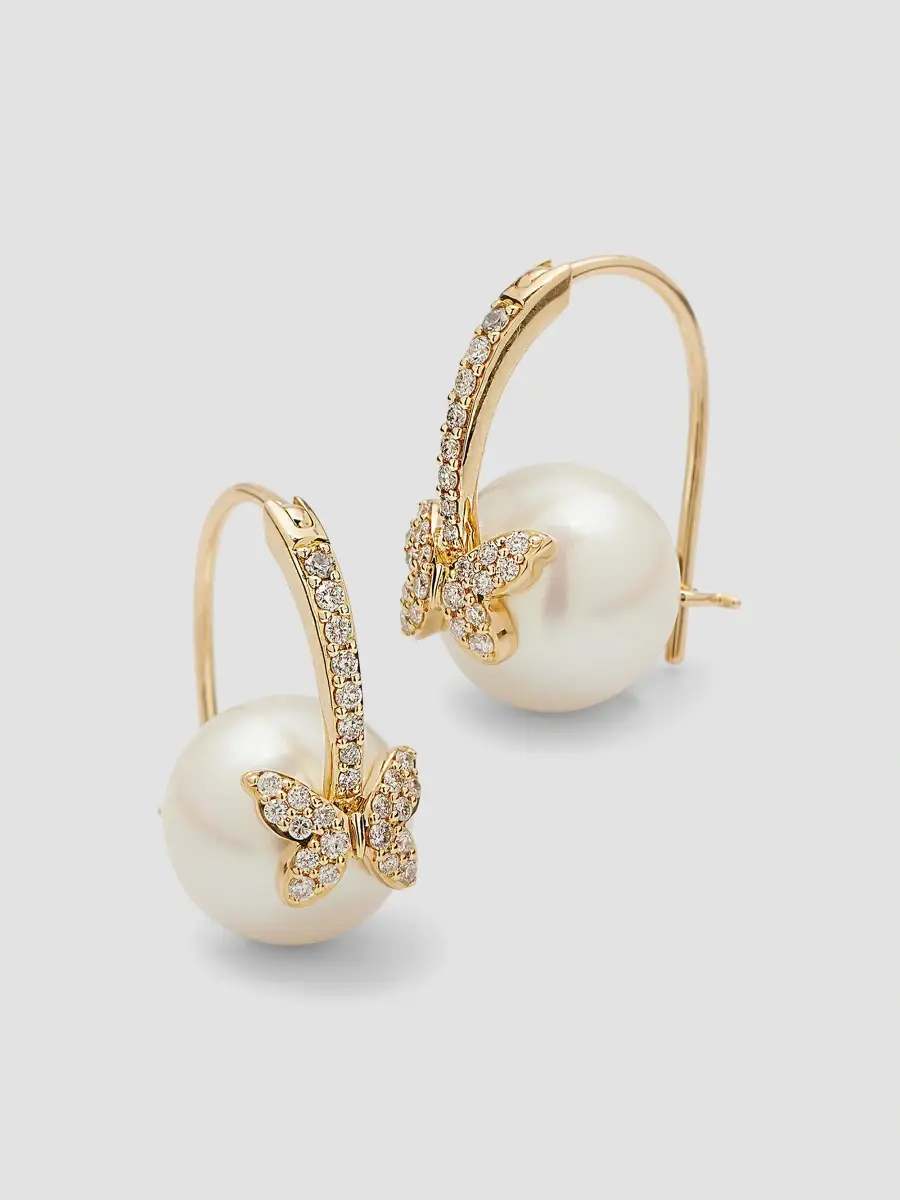 Sydney Evan Women's 14K Yellow Gold, Cultured Freshwater Pearl & 0.27 TCW Diamond Butterfly Hoop Earrings | Thumbnail 3 Sydney Evan Women's 14K Yellow Gold, Cultured Freshwater Pearl & 0.27 TCW Diamond Butterfly Hoop Earrings | Thumbnail 3