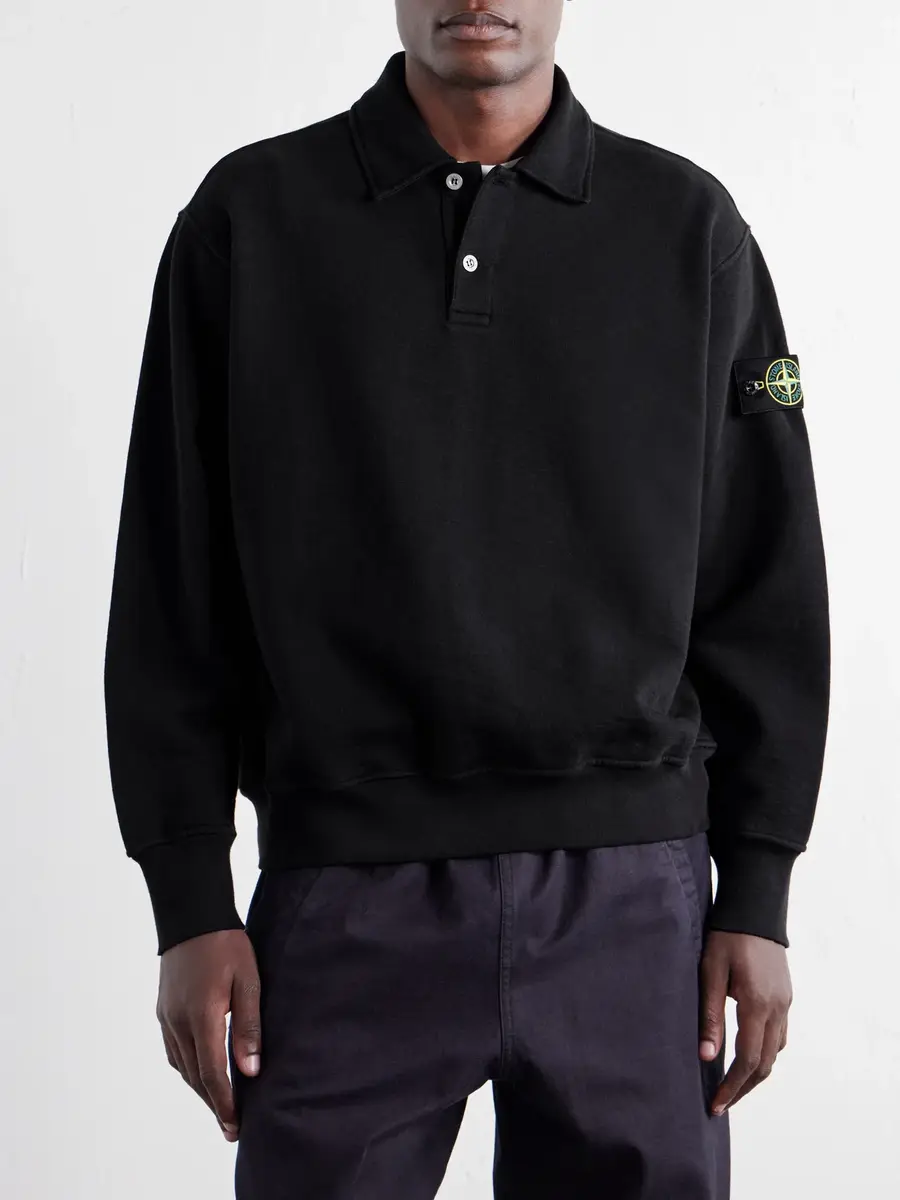 Stone Island Garment-Dyed Tubular Cotton-Fleece Polo Sweater - Men | Thumbnail 3