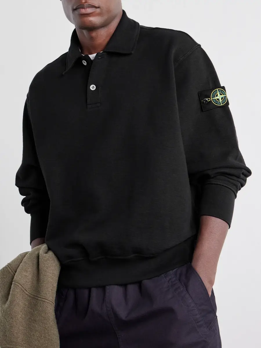 Stone Island Garment-Dyed Tubular Cotton-Fleece Polo Sweater - Men | Thumbnail 5