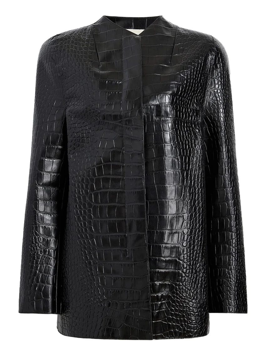 Khaite Sadie Coat In Black Croc-Embossed Leather