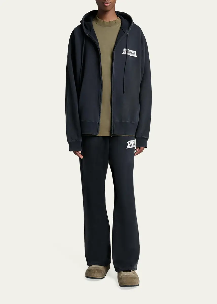 Balenciaga Men's Masking Tape Oversized-Fit Faded Fleece Full-Zip Hoodie | Thumbnail 2 Balenciaga Men's Masking Tape Oversized-Fit Faded Fleece Full-Zip Hoodie | Thumbnail 2