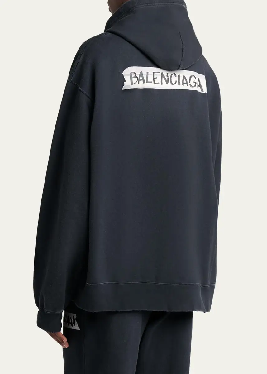 Balenciaga Men's Masking Tape Oversized-Fit Faded Fleece Full-Zip Hoodie | Thumbnail 3 Balenciaga Men's Masking Tape Oversized-Fit Faded Fleece Full-Zip Hoodie | Thumbnail 3