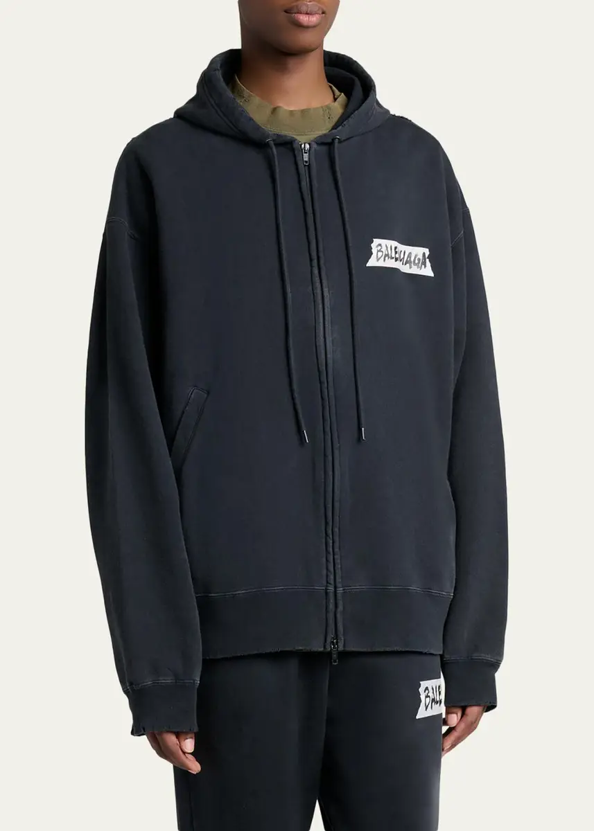 Balenciaga Men's Masking Tape Oversized-Fit Faded Fleece Full-Zip Hoodie | Thumbnail 4 Balenciaga Men's Masking Tape Oversized-Fit Faded Fleece Full-Zip Hoodie | Thumbnail 4