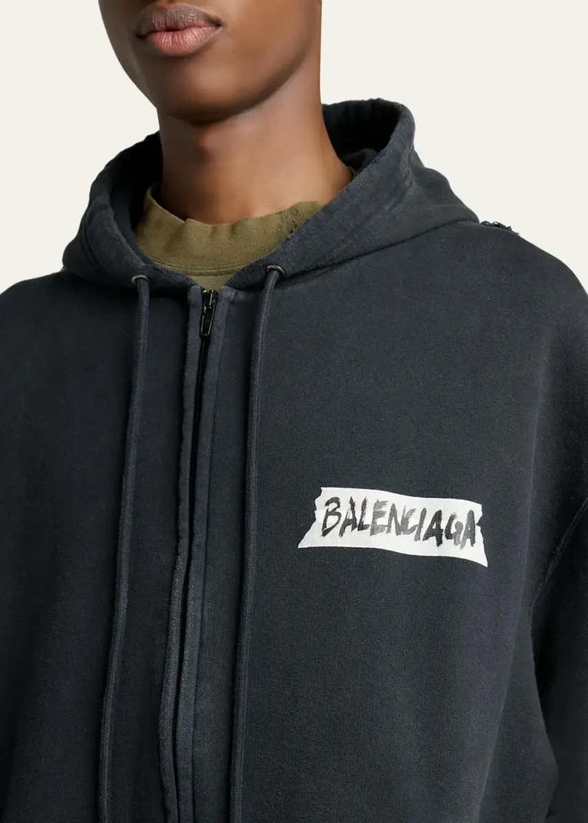 Balenciaga Men's Masking Tape Oversized-Fit Faded Fleece Full-Zip Hoodie | Thumbnail 5 Balenciaga Men's Masking Tape Oversized-Fit Faded Fleece Full-Zip Hoodie | Thumbnail 5
