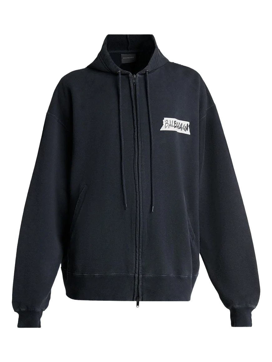 Balenciaga Men's Masking Tape Oversized-Fit Faded Fleece Full-Zip Hoodie