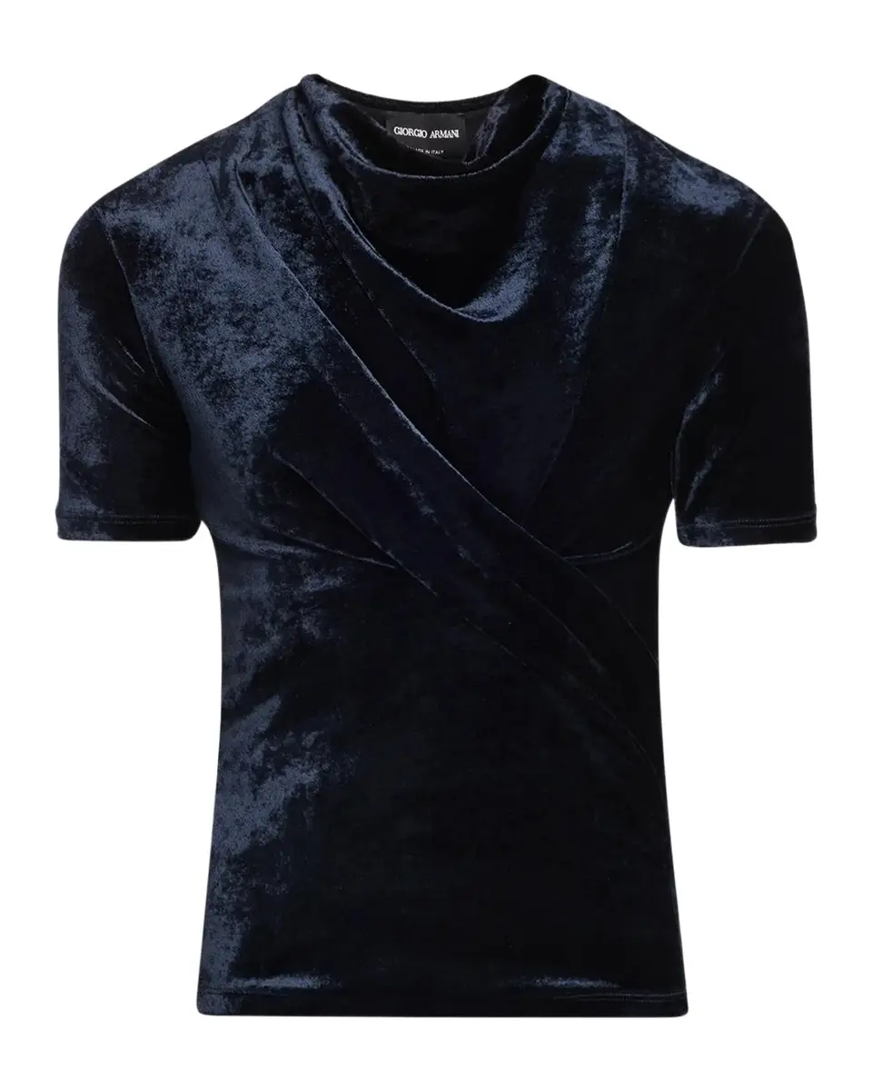 Cowl-Neck Draped Velvet Short-Sleeve Top