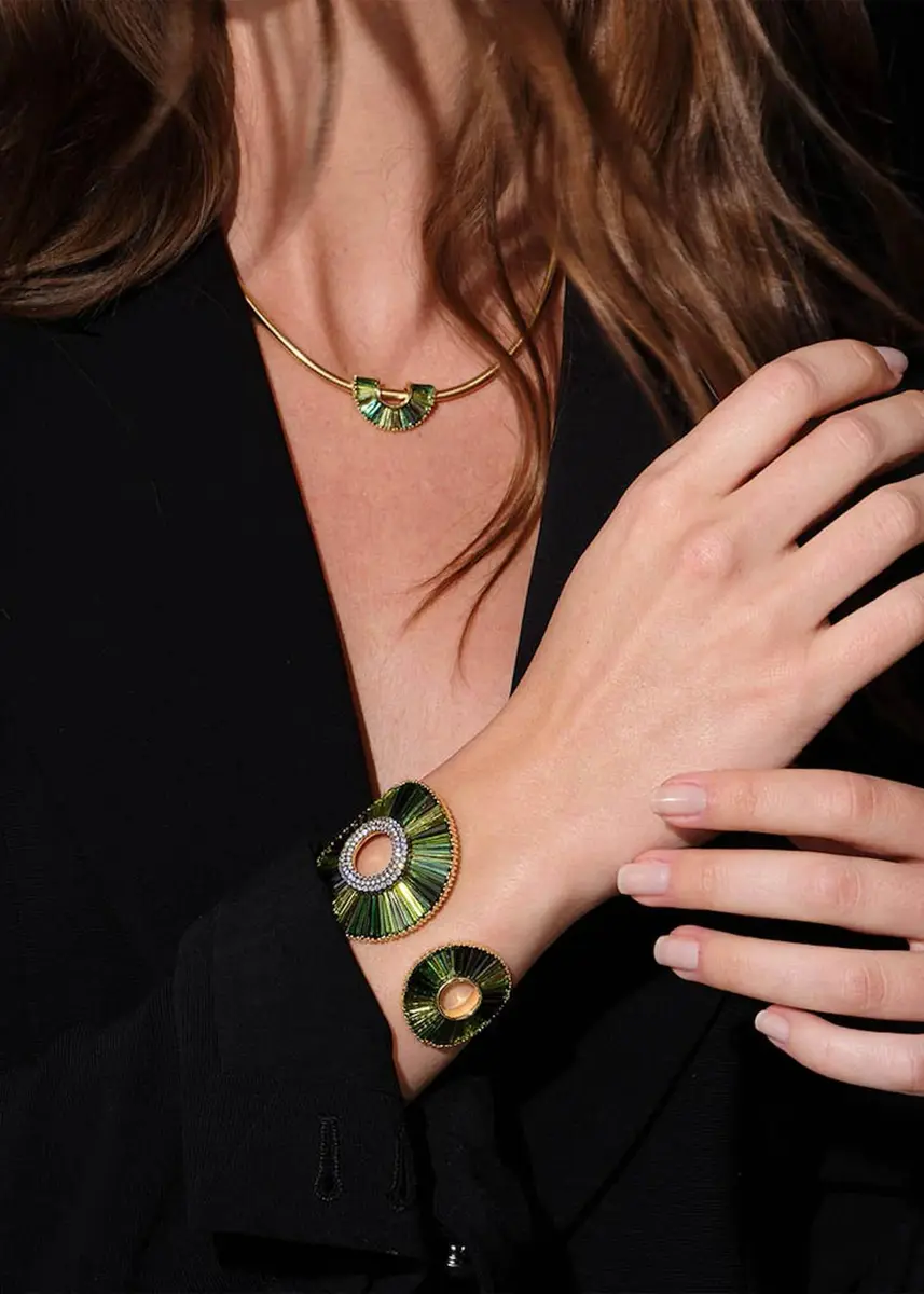 NAK ARMSTRONG Open Sensu 18K Yellow Gold, Green Tourmaline & 1.17 TCW Diamond Cuff | Thumbnail 2 NAK ARMSTRONG Open Sensu 18K Yellow Gold, Green Tourmaline & 1.17 TCW Diamond Cuff | Thumbnail 2