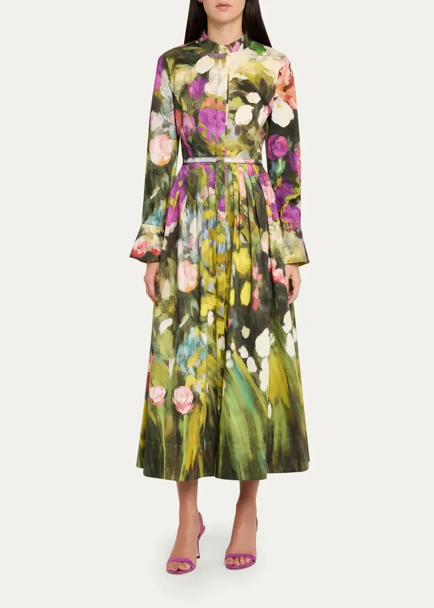Oscar de la Renta Abstract Garden Cotton Poplin Pleated Midi Day Dress With Belt | Thumbnail 2