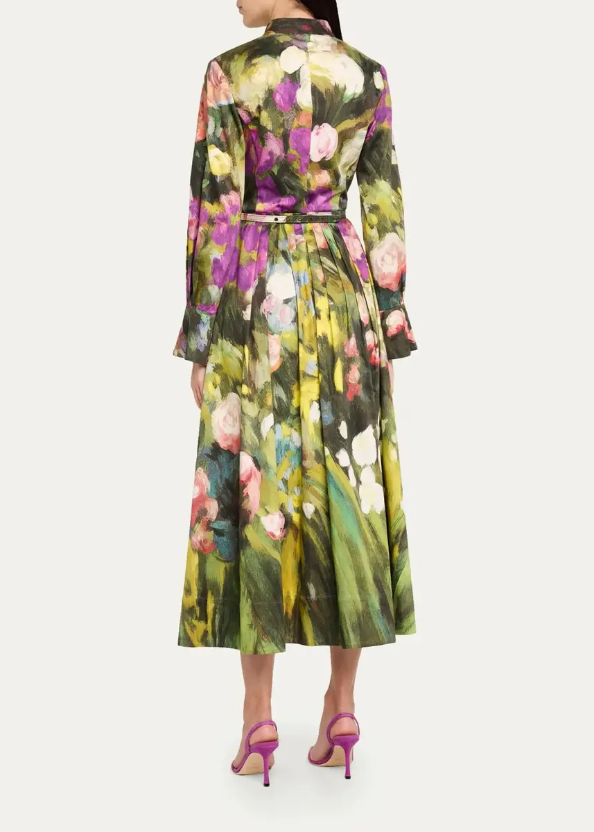 Oscar de la Renta Abstract Garden Cotton Poplin Pleated Midi Day Dress With Belt | Thumbnail 3