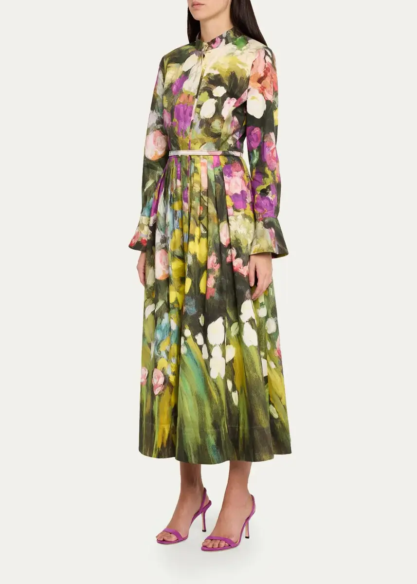 Oscar de la Renta Abstract Garden Cotton Poplin Pleated Midi Day Dress With Belt | Thumbnail 4