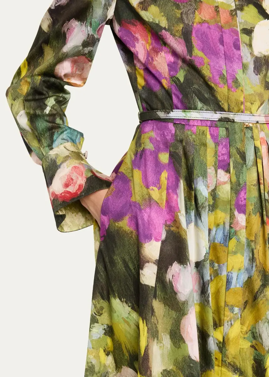 Oscar de la Renta Abstract Garden Cotton Poplin Pleated Midi Day Dress With Belt | Thumbnail 5
