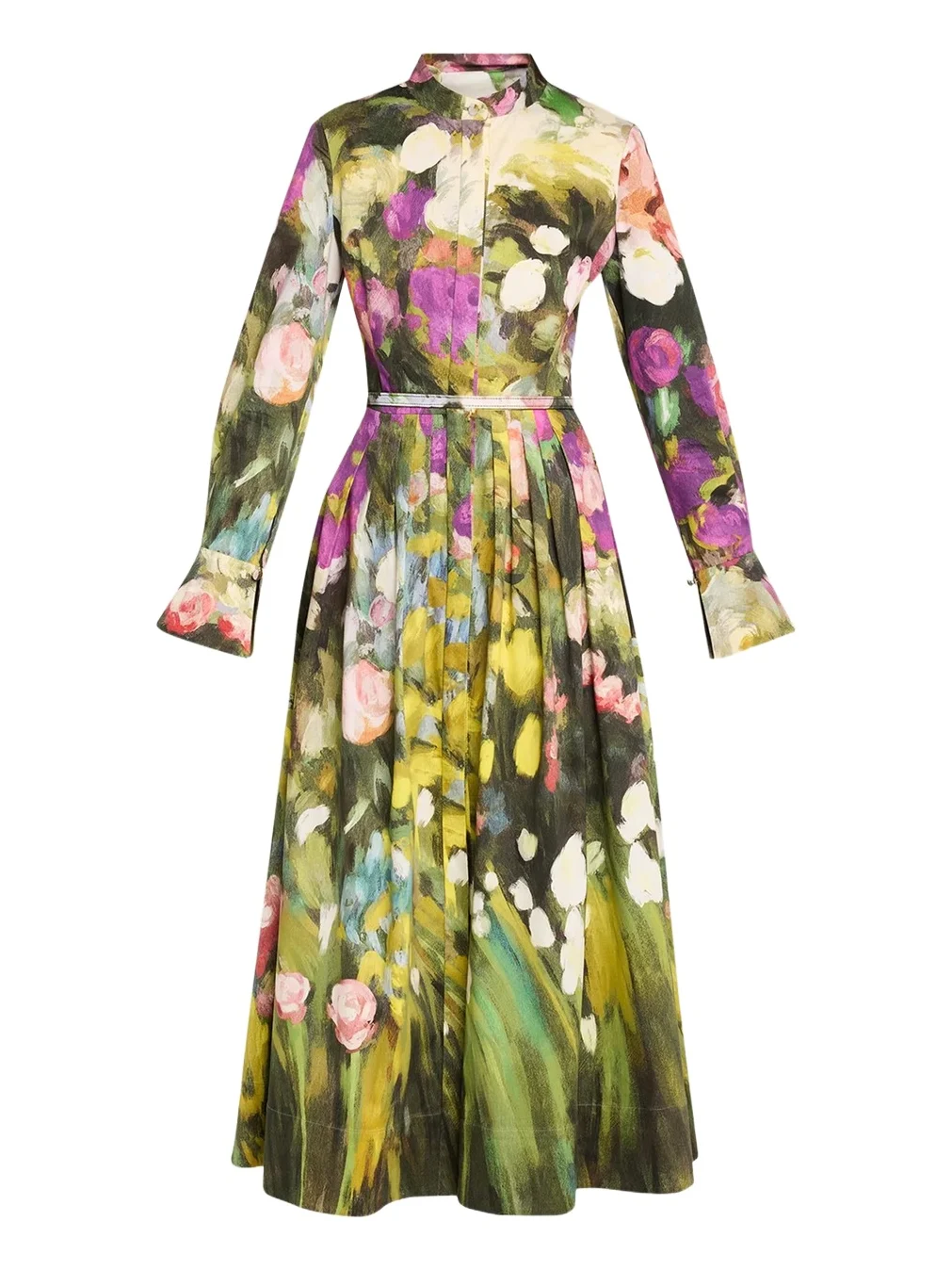 Abstract Garden Cotton Poplin Pleated Midi Day Dress With Belt Abstract Garden Cotton Poplin Pleated Midi Day Dress With Belt