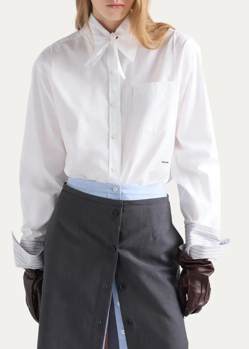 Prada Striped-Cuff Cotton Poplin Button-Down Shirt With Scarf | Thumbnail 4 Prada Striped-Cuff Cotton Poplin Button-Down Shirt With Scarf | Thumbnail 4