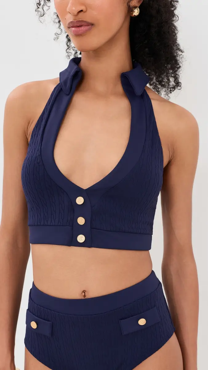 L'Agence Halter Swim Top with Gold Branded Buttons | Thumbnail 2 L'Agence Halter Swim Top with Gold Branded Buttons | Thumbnail 2
