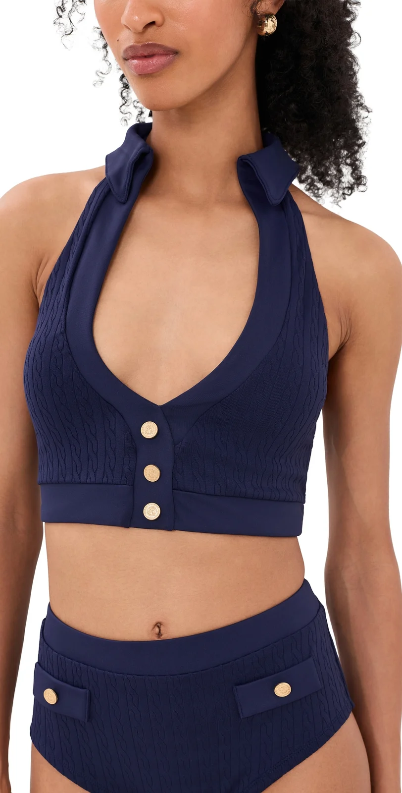 L'Agence Halter Swim Top with Gold Branded Buttons