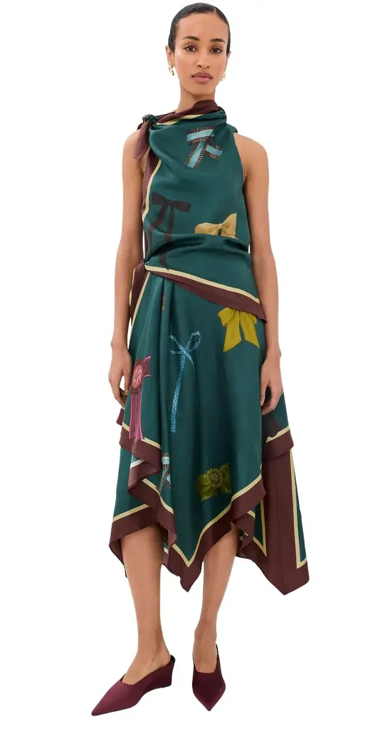 ALÉMAIS Rosette Silk Scarf Midi Dress