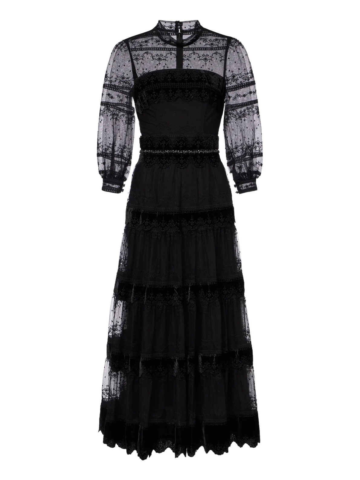 Costarellos Belted lace and velvet cocktail dress