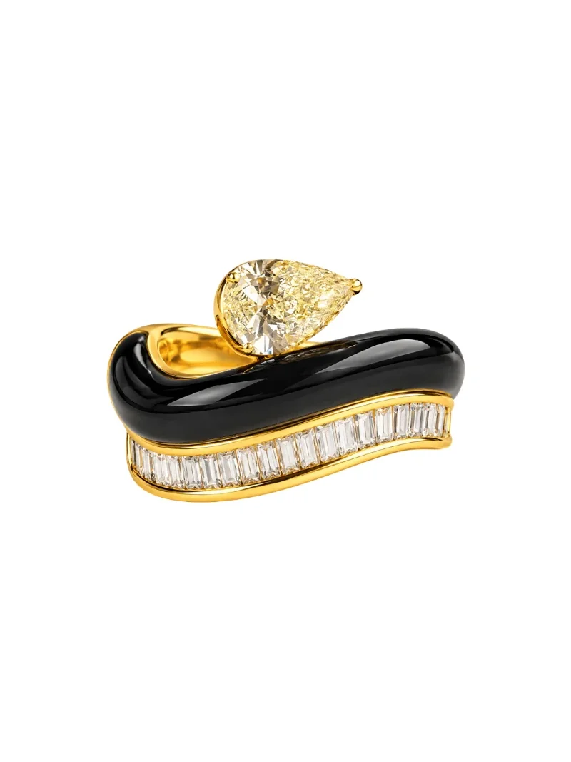 Wish Fine Jewelry 2.99ct Diamond Onyx 18K Gold Pear Wave Ring