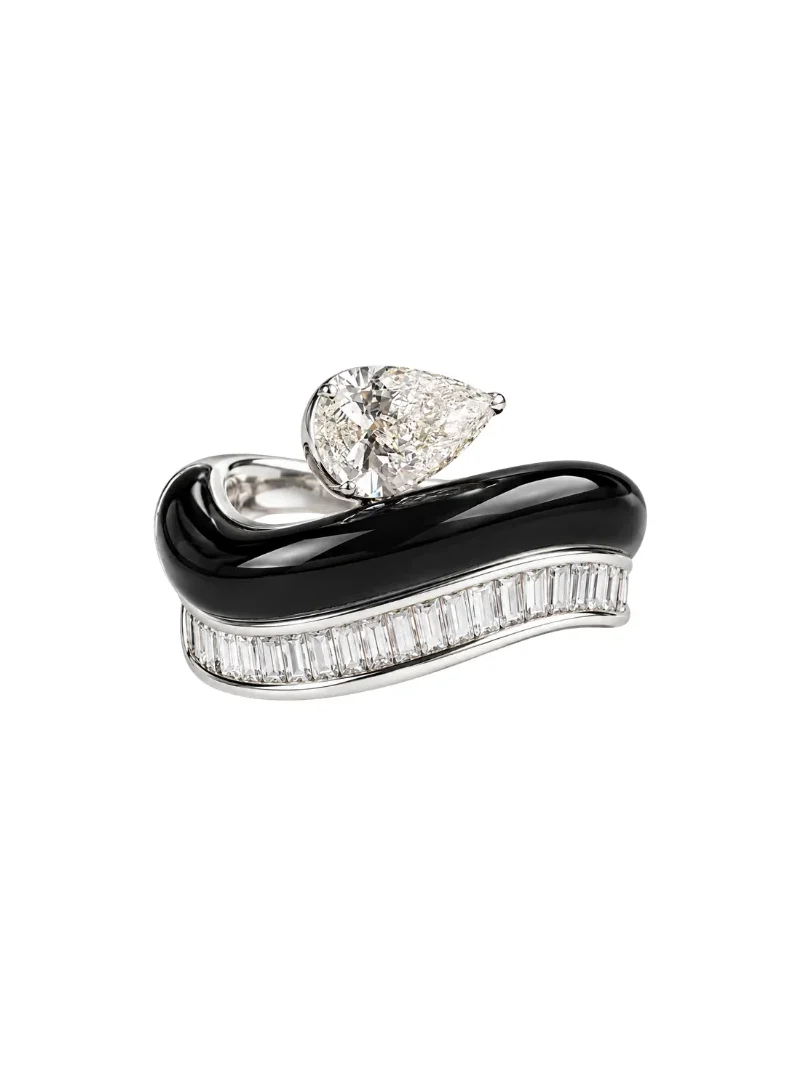 Wish Fine Jewelry 3.05ct Diamond Onyx 18K Gold Pear Wave Ring