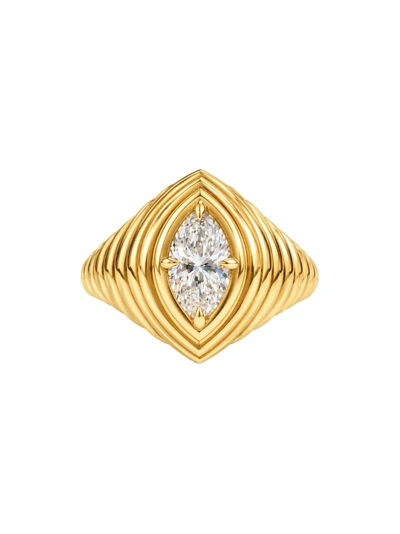 Wish Fine Jewelry GIA 0.80ct Diamond 18K Gold Grooved Marquise Signet Ring