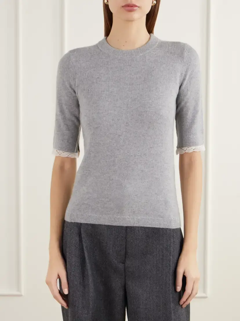 Maria McManus Lace-trimmed Cashmere And Cotton-blend T-shirt - Gray | Thumbnail 3 Maria McManus Lace-trimmed Cashmere And Cotton-blend T-shirt - Gray | Thumbnail 3