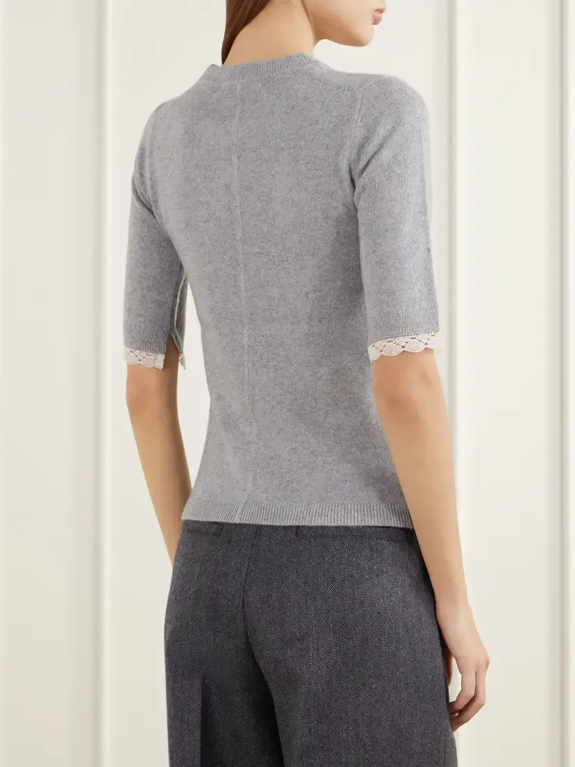 Maria McManus Lace-trimmed Cashmere And Cotton-blend T-shirt - Gray | Thumbnail 4 Maria McManus Lace-trimmed Cashmere And Cotton-blend T-shirt - Gray | Thumbnail 4