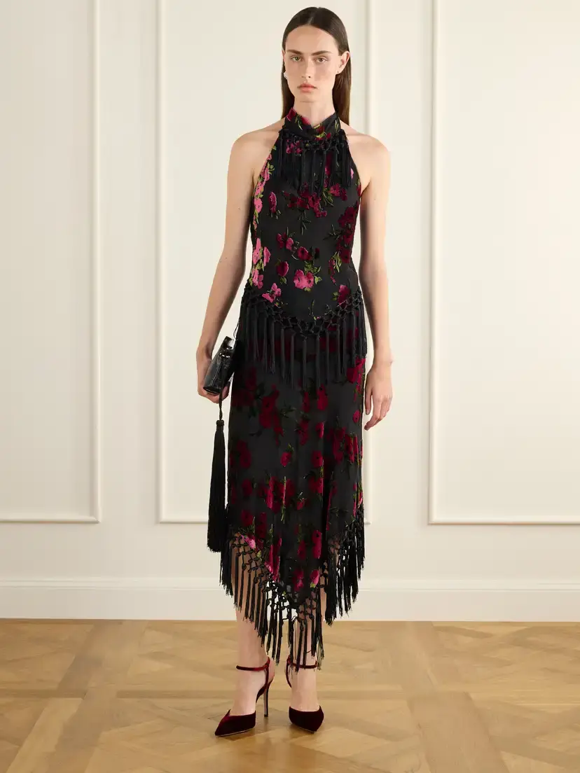 ANNA SUI Floral-flock Fringe-trimmed Crepe Halterneck Top | Thumbnail 2
