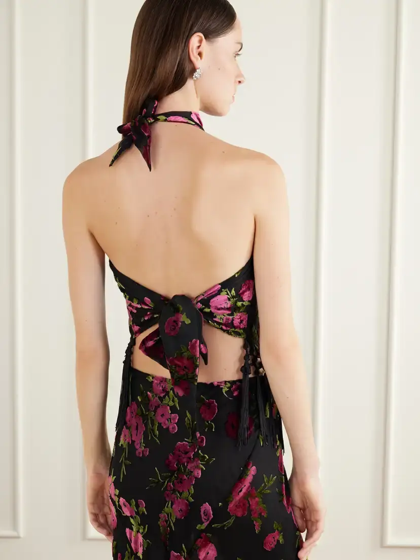 ANNA SUI Floral-flock Fringe-trimmed Crepe Halterneck Top | Thumbnail 3