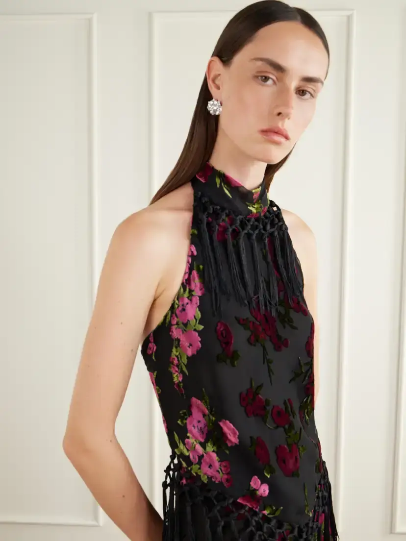 ANNA SUI Floral-flock Fringe-trimmed Crepe Halterneck Top | Thumbnail 4